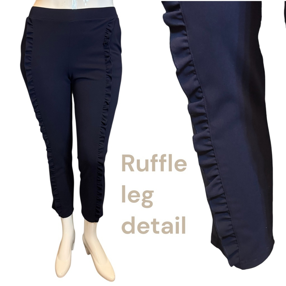 Nina Leonard Navy Ruffle Trim Pull-On Ankle Pants Stretch Elastic Waist, M